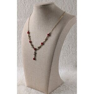 Unbranded Gold Tone Red Rose Floral Necklace Vintage Style Y Drop